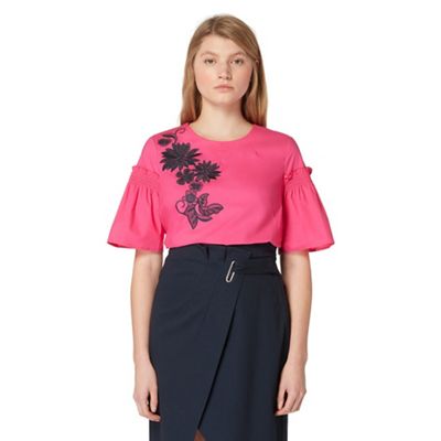 Bright pink floral embroidered top